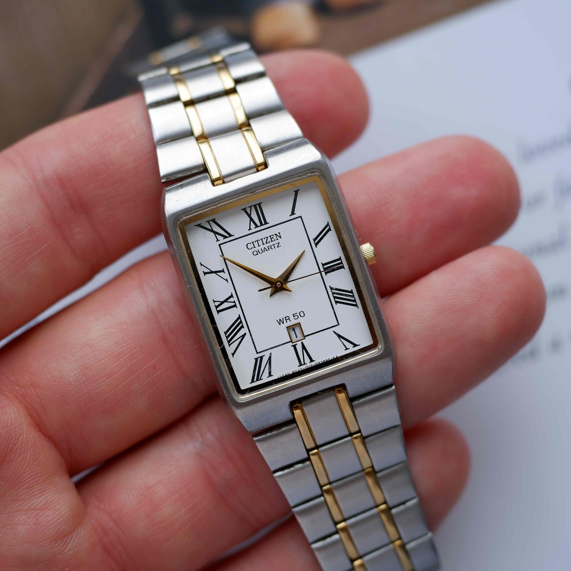 Vintage Citizen Tank Style Watch 90s Roman Dial Two Tone Quartz WR50