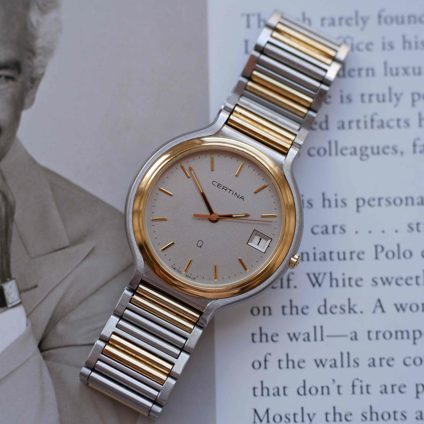 Vintage Certina Two-Tone 90s Watch Frosted Gray Dial Quartz Date