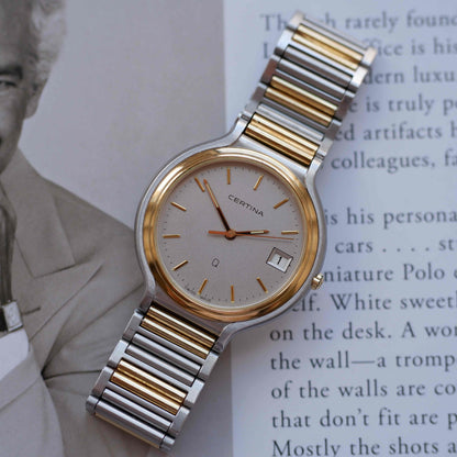 Vintage Certina Two-Tone 90s Watch Frosted Gray Dial Quartz Date