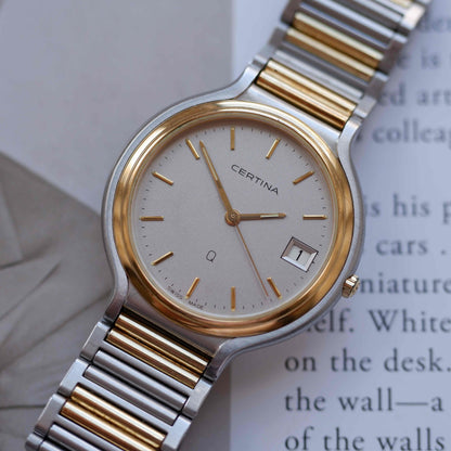 Vintage Certina Two-Tone 90s Watch Frosted Gray Dial Quartz Date