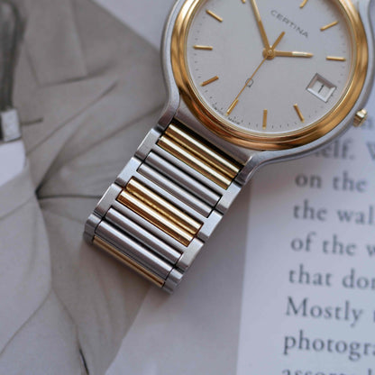 Vintage Certina Two-Tone 90s Watch Frosted Gray Dial Quartz Date
