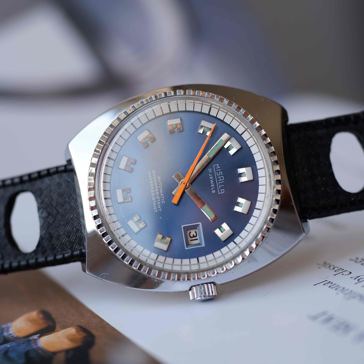 Vintage Misalla 70s Diver Automatic Cushion Case Blue Sunburst Dial MINT