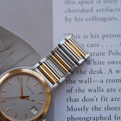 Vintage Certina Two-Tone 90s Watch Frosted Gray Dial Quartz Date