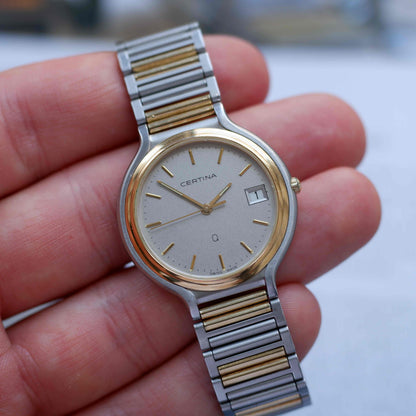 Vintage Certina Two-Tone 90s Watch Frosted Gray Dial Quartz Date