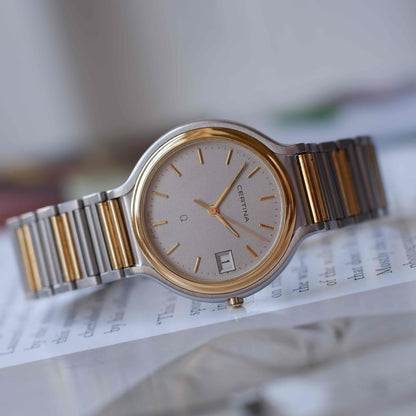 Vintage Certina Two-Tone 90s Watch Frosted Gray Dial Quartz Date