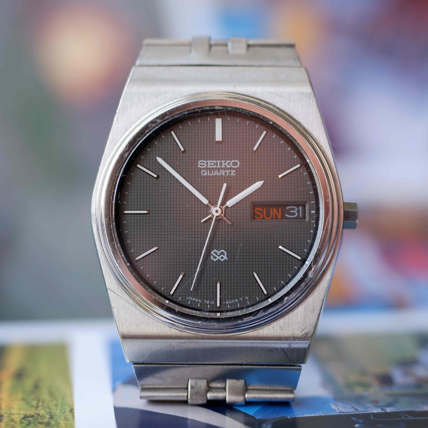 Vintage Seiko SQ Day-Date Black Waffle Dial Integrated Bracelet 80s