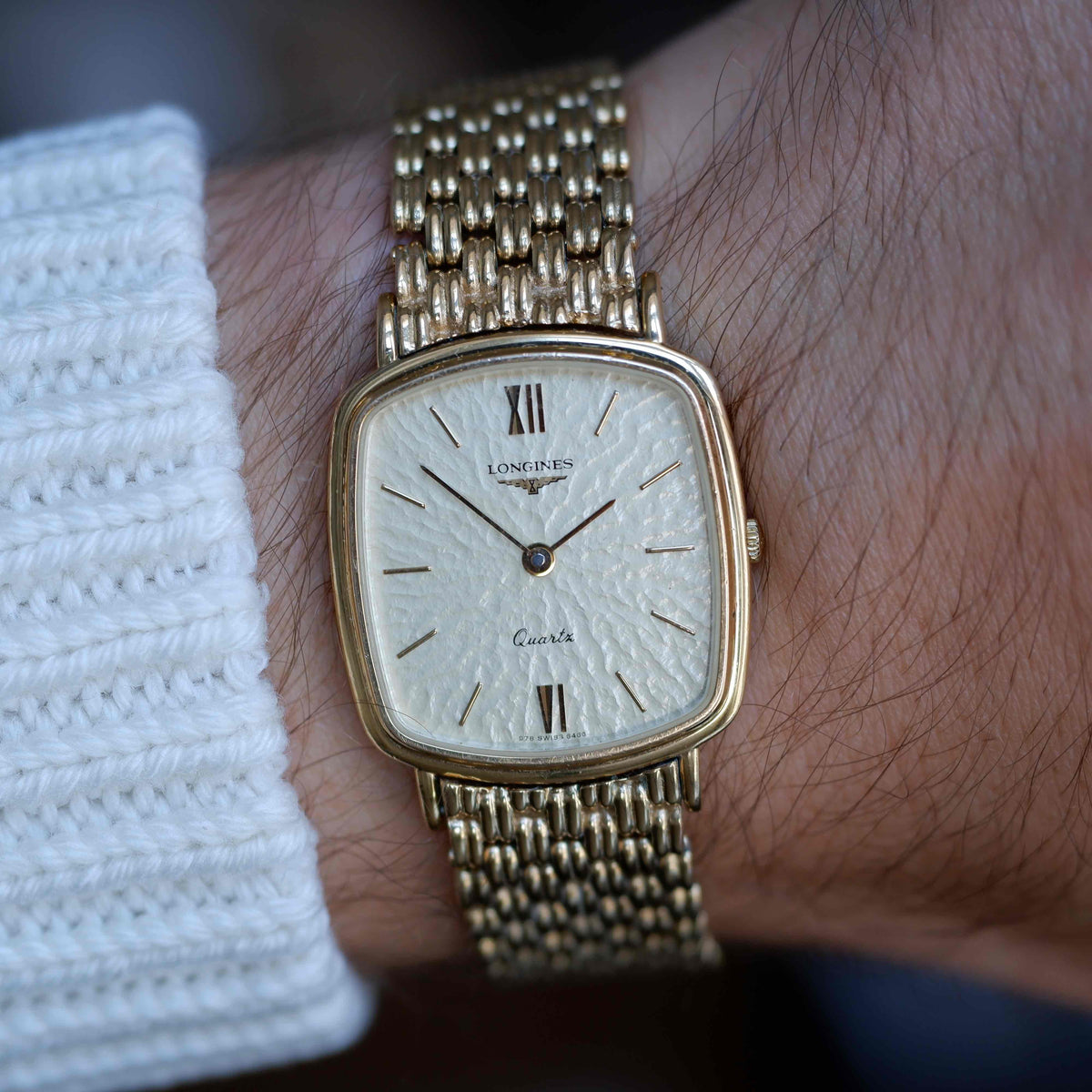 Vintage Longines Cushion Watch 80s Gold Sand Dune Dial Integrated Bracelet