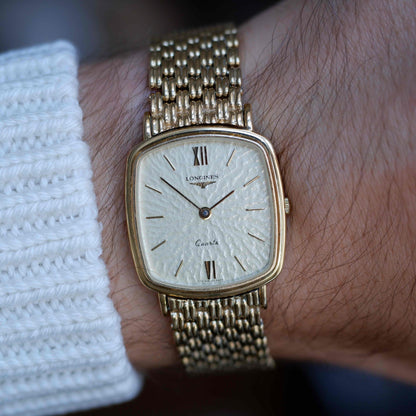 Vintage Longines Cushion Watch 80s Gold Sand Dune Dial Integrated Bracelet
