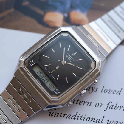Vintage Citizen AnaDigi Quartz Black Dial Steel Bracelet 80s