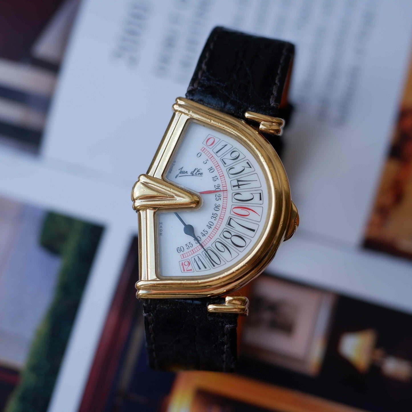Vintage Jean D'Eve Sectora Watch Art Deco 80s Gold White Dial