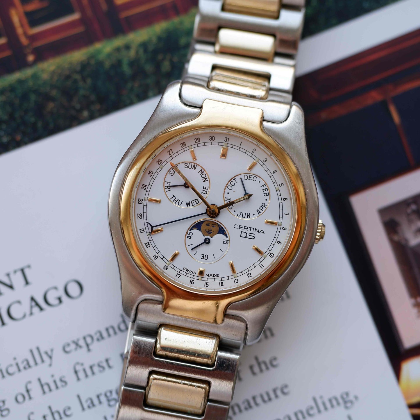 Vintage Certina Moon Phase Two Tone Watch 90s Gold Quartz