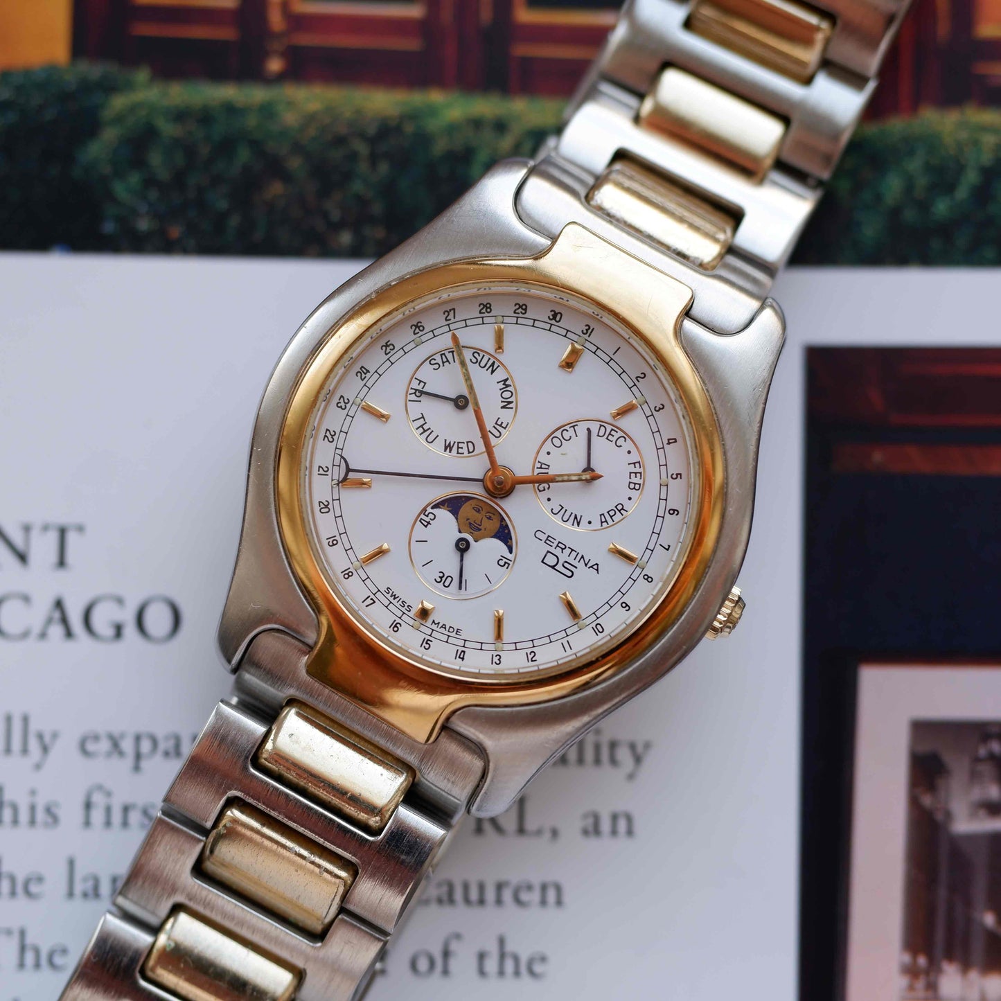 Vintage Certina Moon Phase Two Tone Watch 90s Gold Quartz