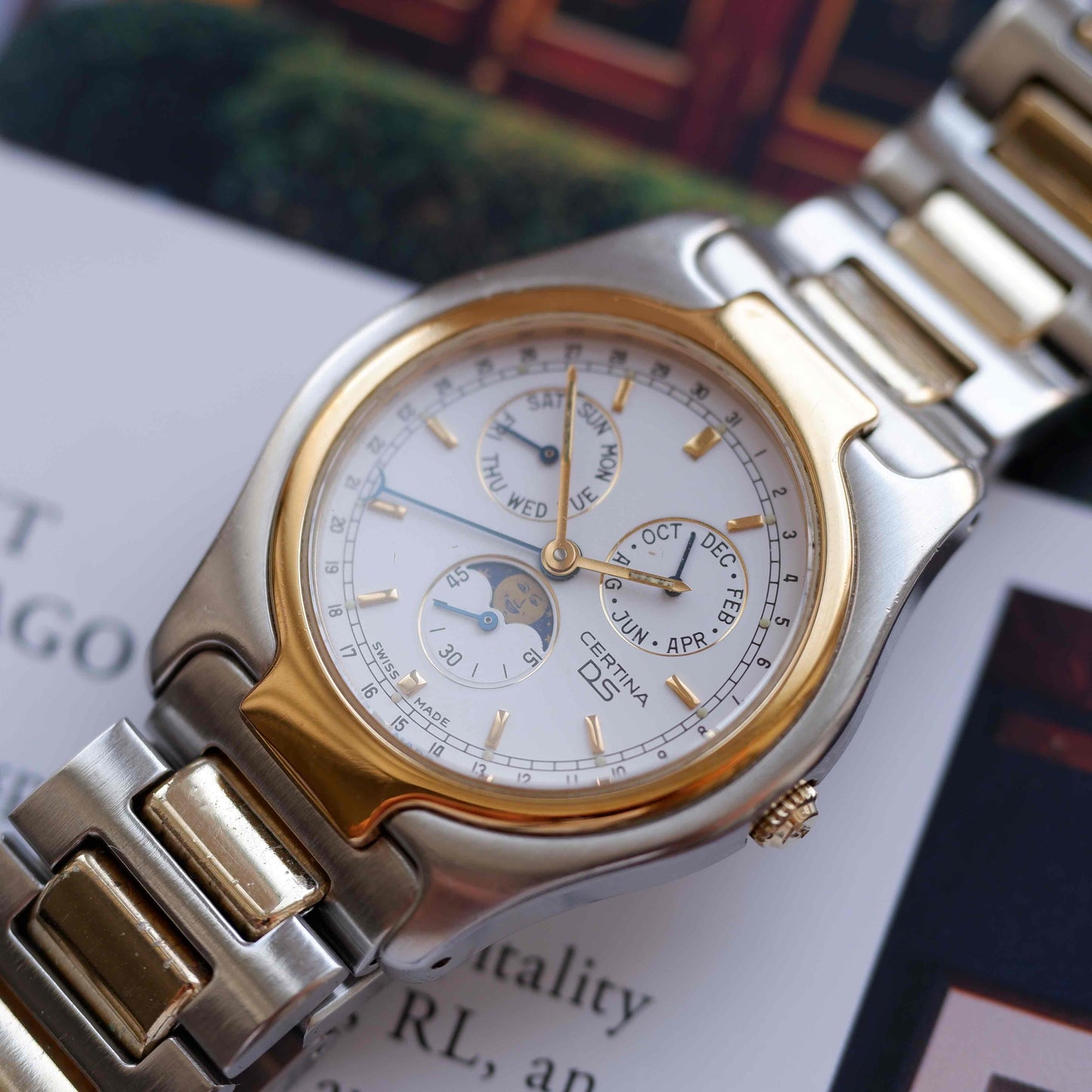 Vintage Certina Moon Phase Two Tone Watch 90s Gold Quartz