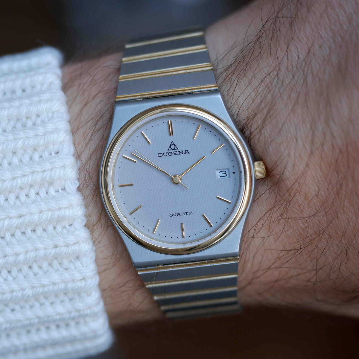 Vintage Dugena Two-Tone Watch 80s Silver Textured Dial Integrated Bracelet – NOS