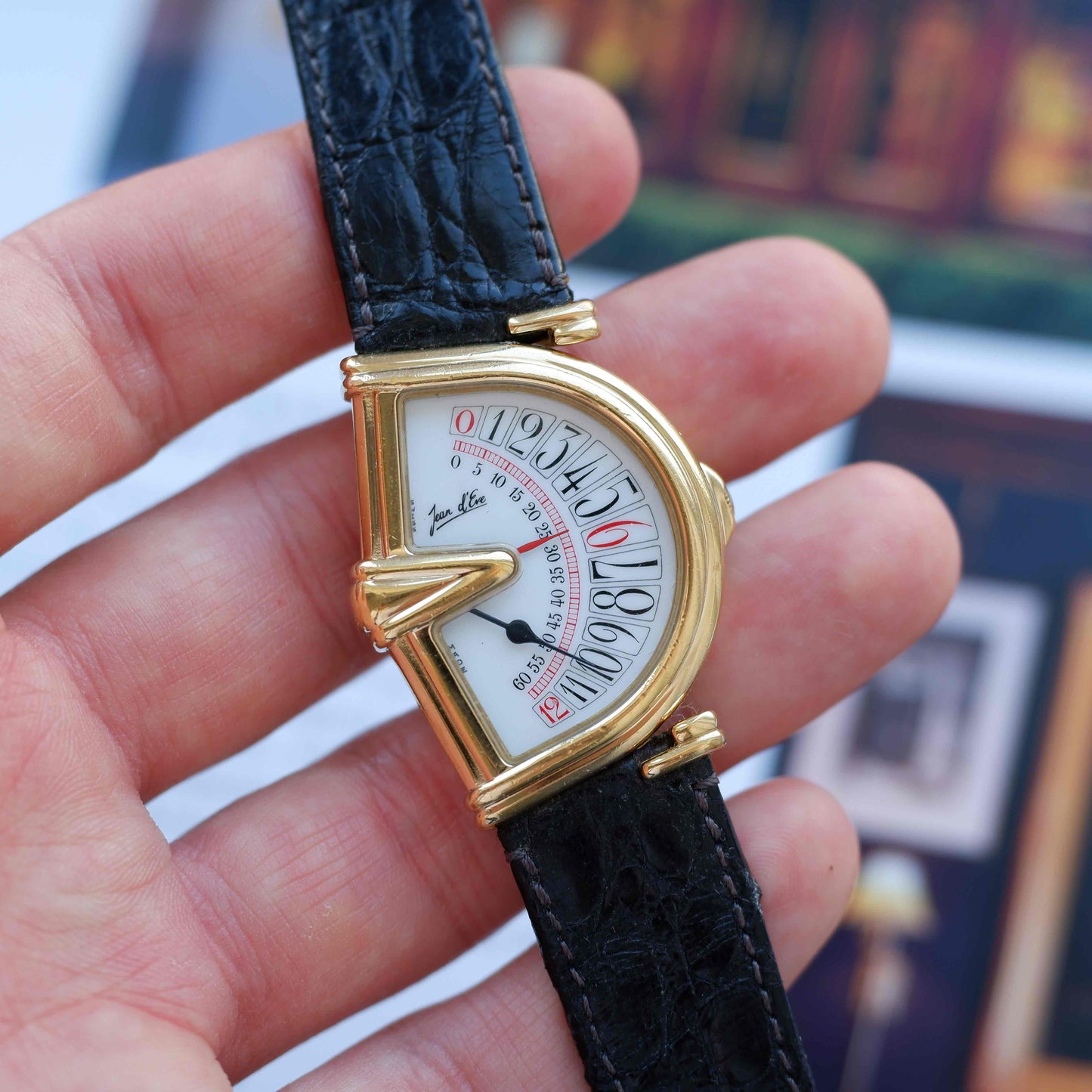 Vintage Jean D'Eve Sectora Watch Art Deco 80s Gold White Dial