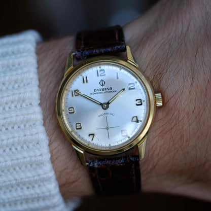 Vintage Candino Incabloc 70s Gold Mechanical Silver Sunburst Dial