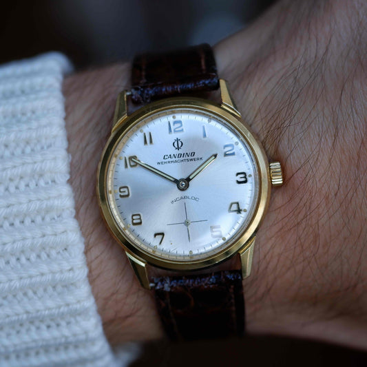 Vintage Candino Incabloc 70s Gold Mechanical Silver Sunburst Dial