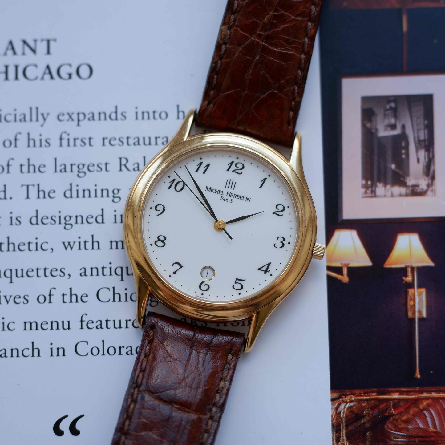 Vintage Michel Herbelin Classic Arabic Numerals Dial with Date 90s Golden