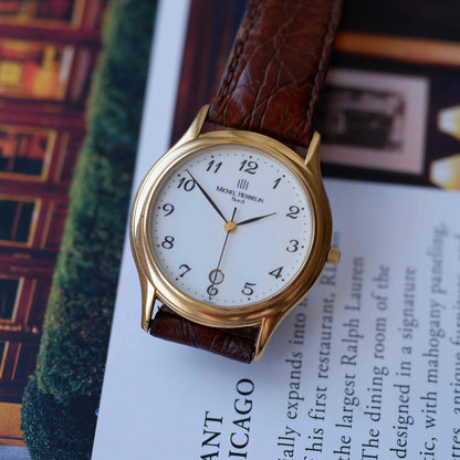 Vintage Michel Herbelin Classic Arabic Numerals Dial with Date 90s Golden