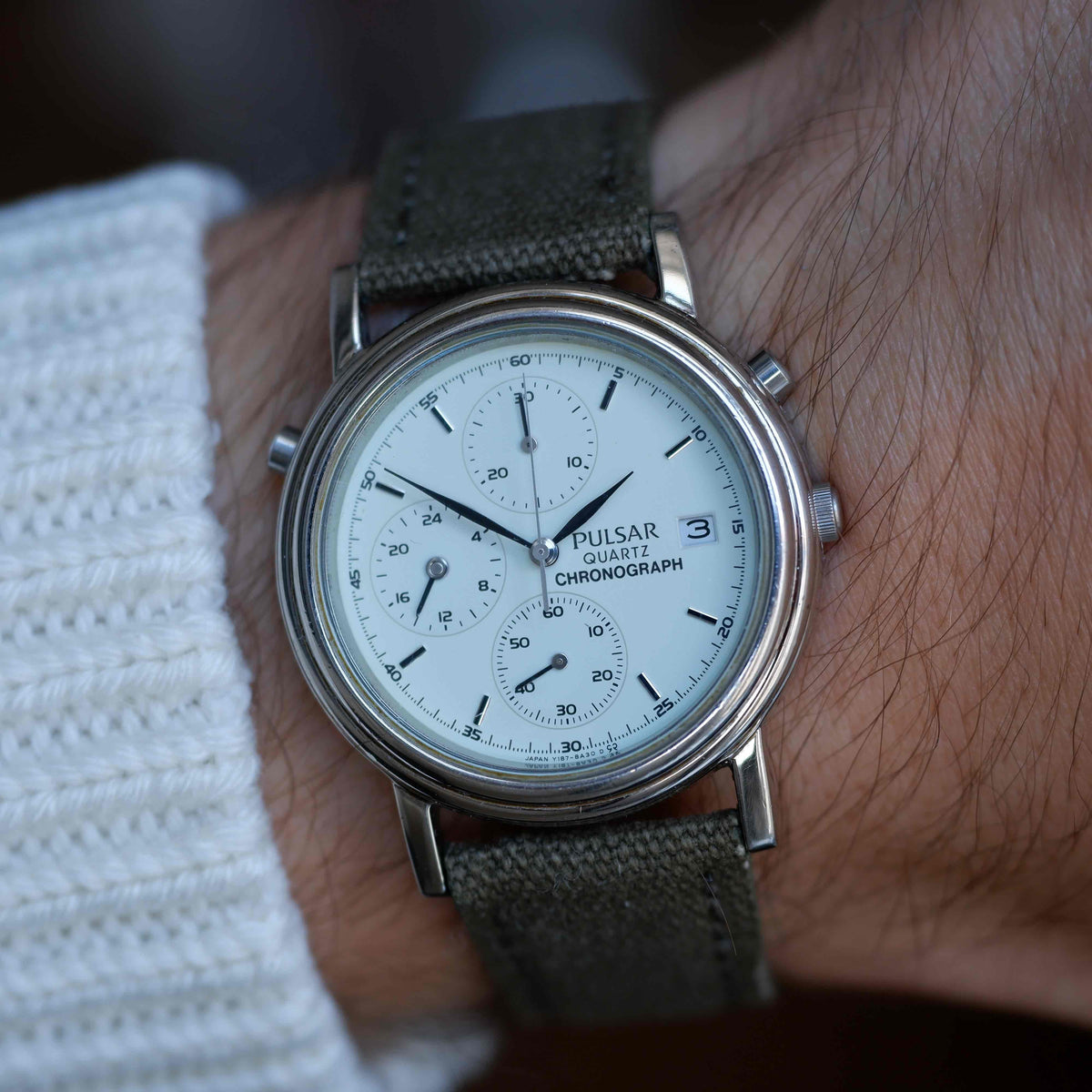 Vintage Pulsar Chronograph 90s Mint Green Dial Military Style Quartz
