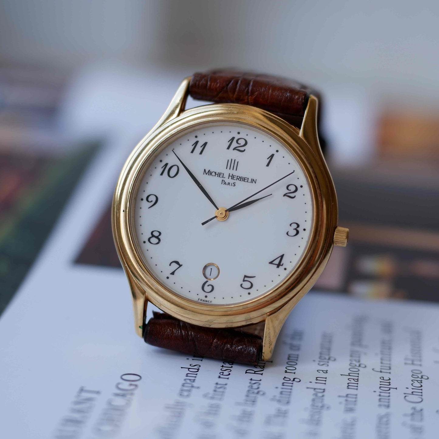 Vintage Michel Herbelin Classic Arabic Numerals Dial with Date 90s Golden