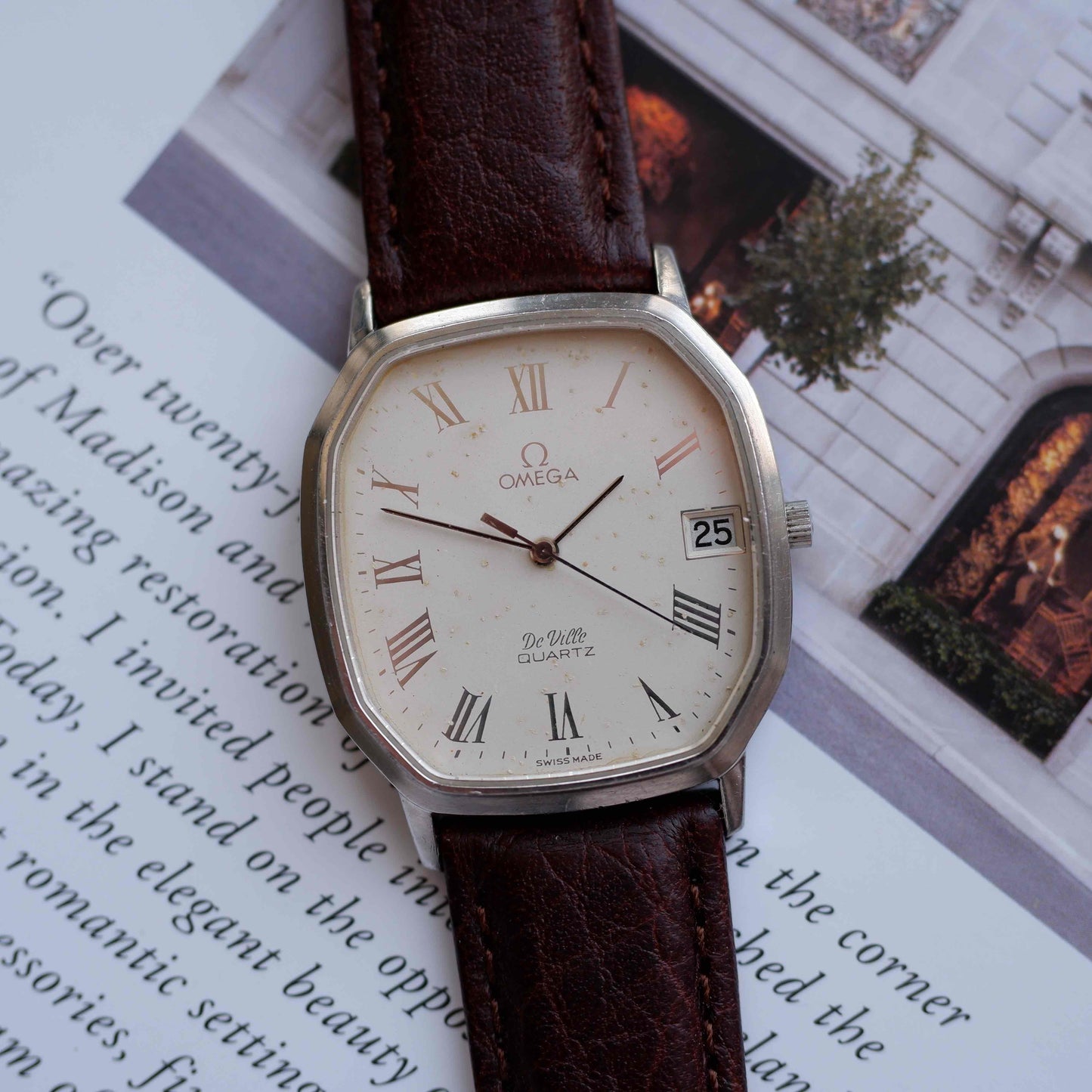 Vintage Omega De Ville Quartz Cushion Case White Dial Brown Leather Strap - 1970s Dress Watch