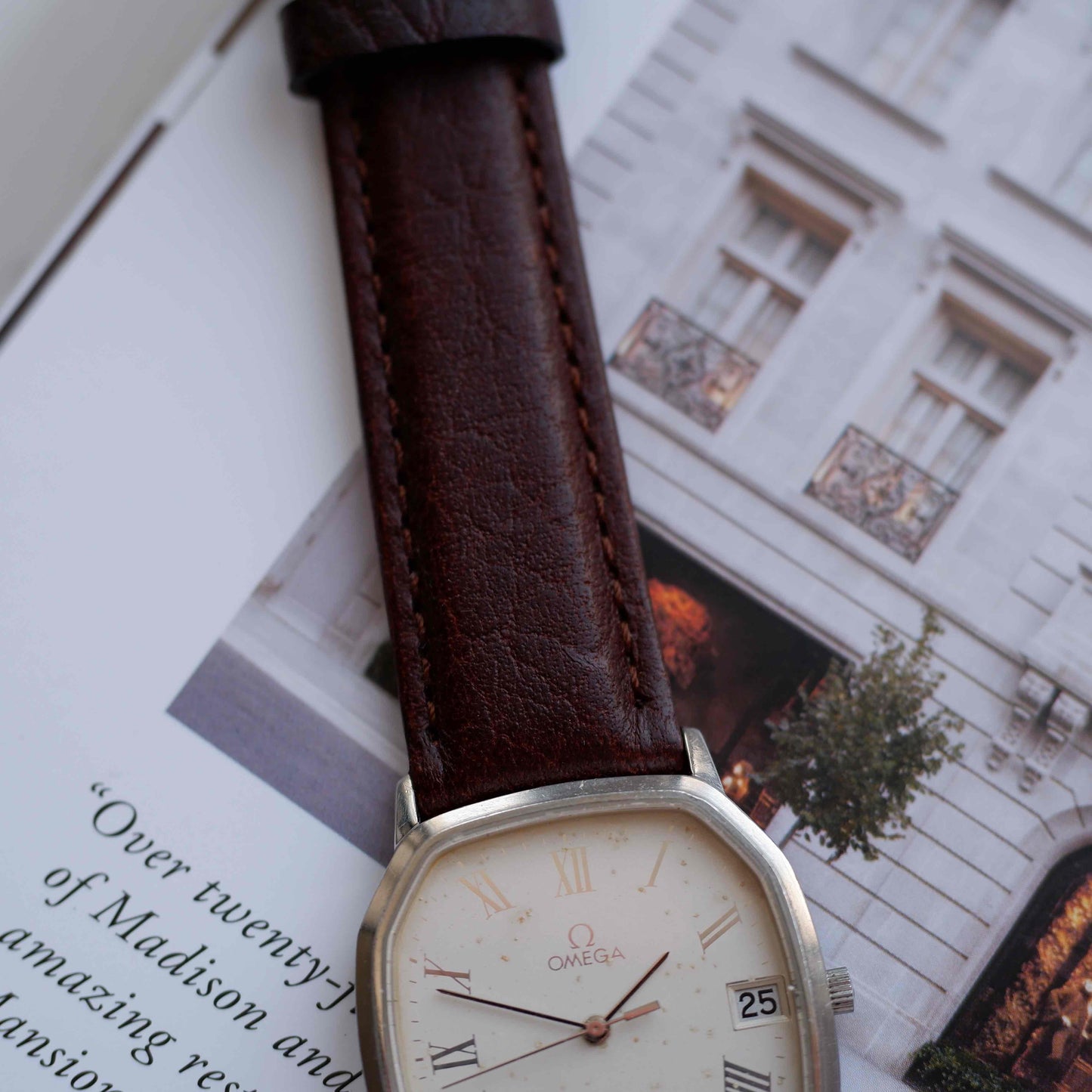 Vintage Omega De Ville Quartz Cushion Case White Dial Brown Leather Strap - 1970s Dress Watch