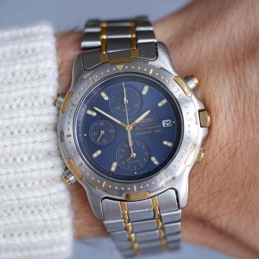 Vintage Seiko 6M25-6000 Quartz Chronograph Blue Sunburst Dial 80s Mint