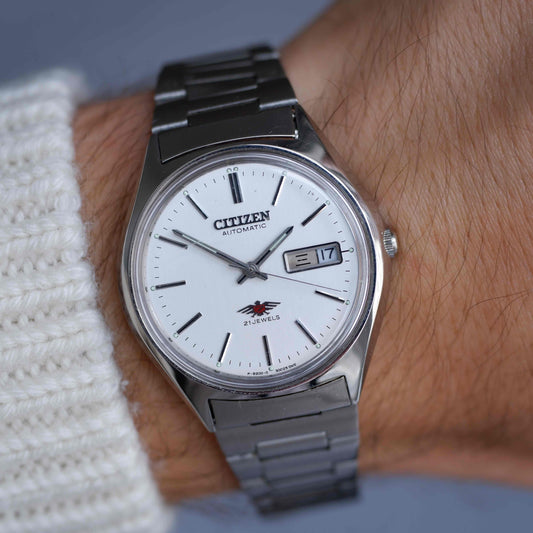 Vintage Citizen Automatic Watch 70s Silver White Dial 21 Jewels Day-Date