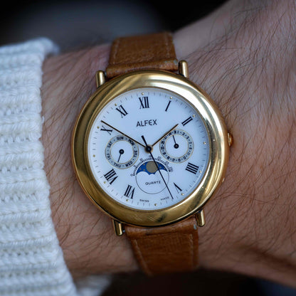 Vintage Alfex Moon Phase Day-Date 90s Gold Quartz