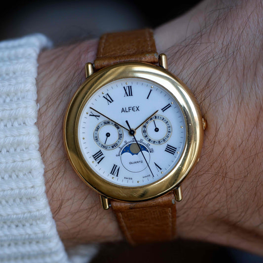 Vintage Alfex Moon Phase Day-Date 90s Gold Quartz