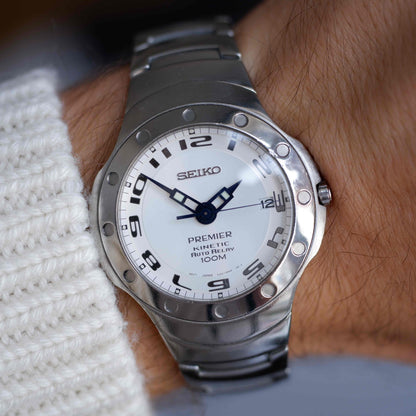 Vintage Seiko Premier Kinetic Auto Relay 100M Watch White Dial Japan