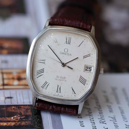 Vintage Omega De Ville Quartz Cushion Case White Dial Brown Leather Strap - 1970s Dress Watch