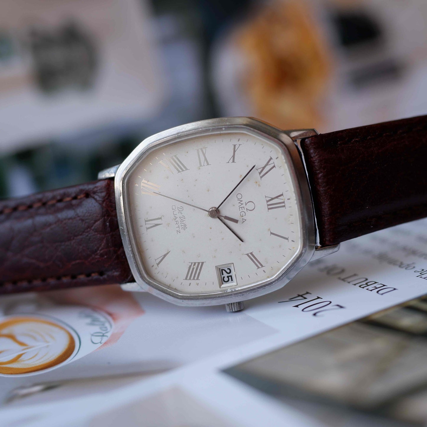 Vintage Omega De Ville Quartz Cushion Case White Dial Brown Leather Strap - 1970s Dress Watch