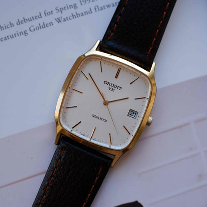 Vintage Orient VX Tank Dress Watch 80s Gold White Dial Quartz