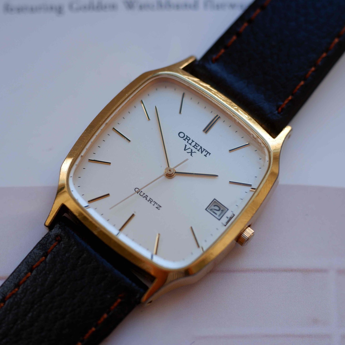 Vintage Orient VX Tank Dress Watch 80s Gold White Dial Quartz