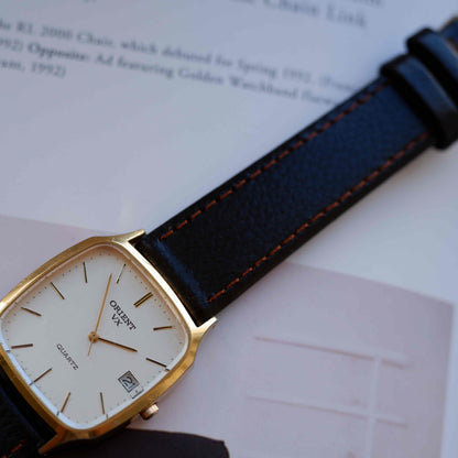 Vintage Orient VX Tank Dress Watch 80s Gold White Dial Quartz