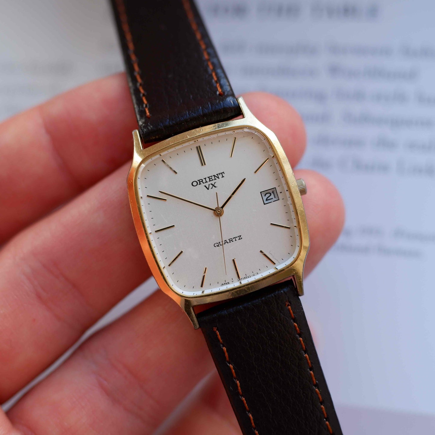 Vintage Orient VX Tank Dress Watch 80s Gold White Dial Quartz