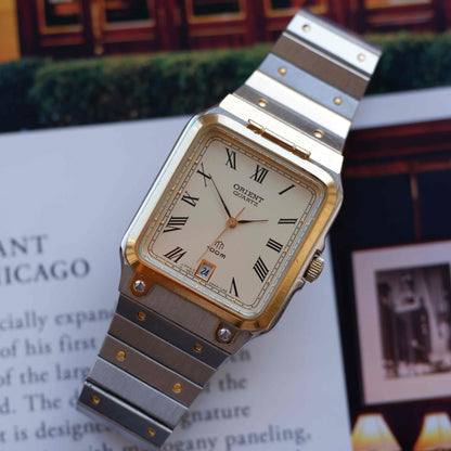Vintage Orient Tank Style Creme Roman Dial Two-Tone Quartz 80s