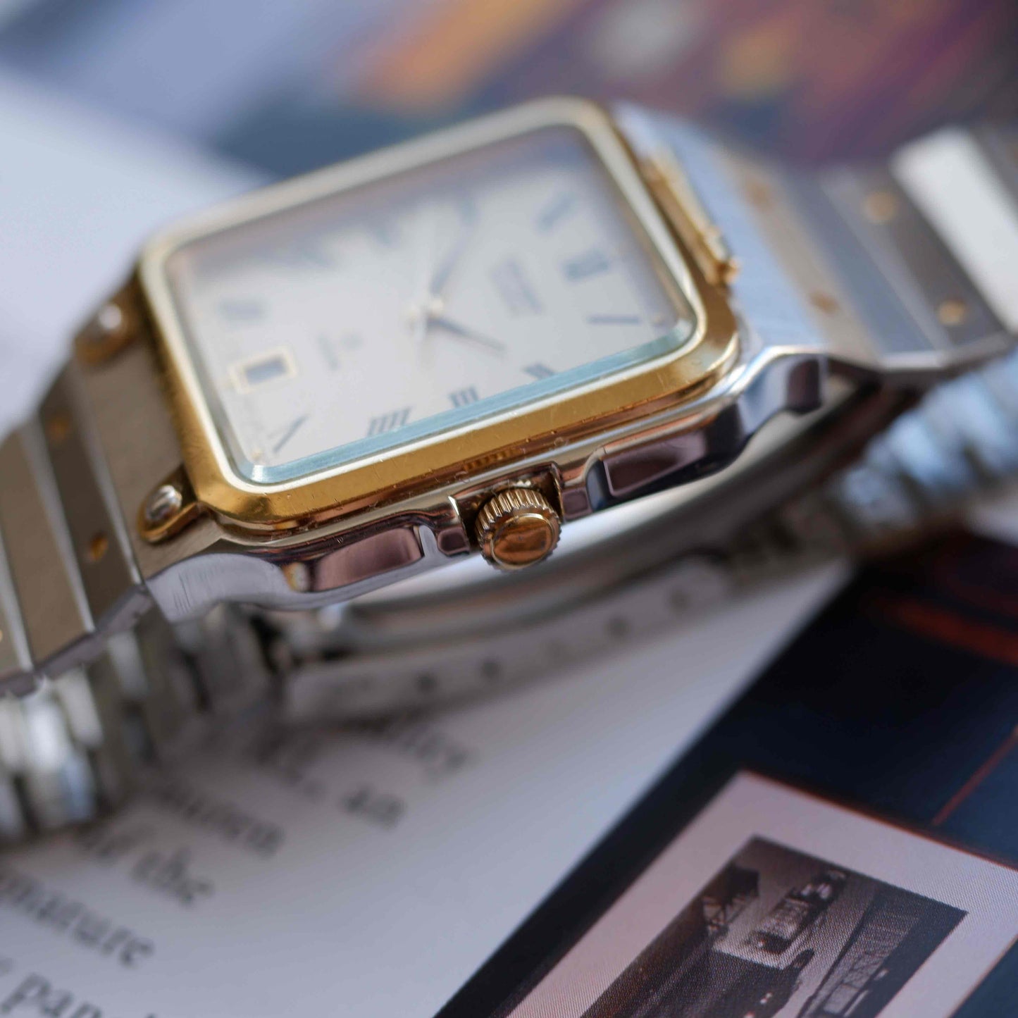 Vintage Orient Tank Style Creme Roman Dial Two-Tone Quartz 80s