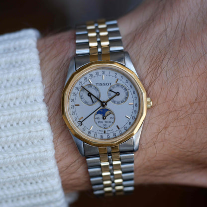 Vintage Tissot PR 100 Moonphase Full Calendar 90s Two-Tone Mid-Size Quartz with Box