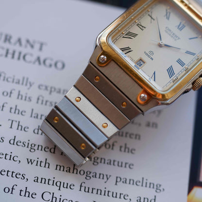 Vintage Orient Tank Style Creme Roman Dial Two-Tone Quartz 80s