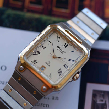 Vintage Orient Tank Style Creme Roman Dial Two-Tone Quartz 80s