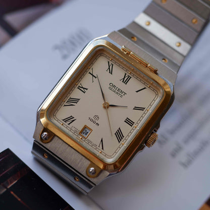 Vintage Orient Tank Style Creme Roman Dial Two-Tone Quartz 80s