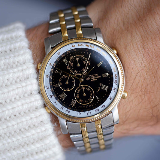 Vintage Citizen Chronograph Alarm 80s Gold Two Tone Quartz Mint