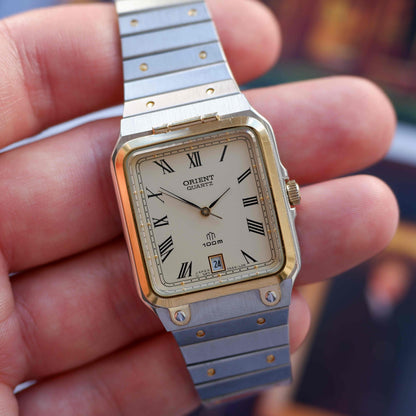 Vintage Orient Tank Style Creme Roman Dial Two-Tone Quartz 80s
