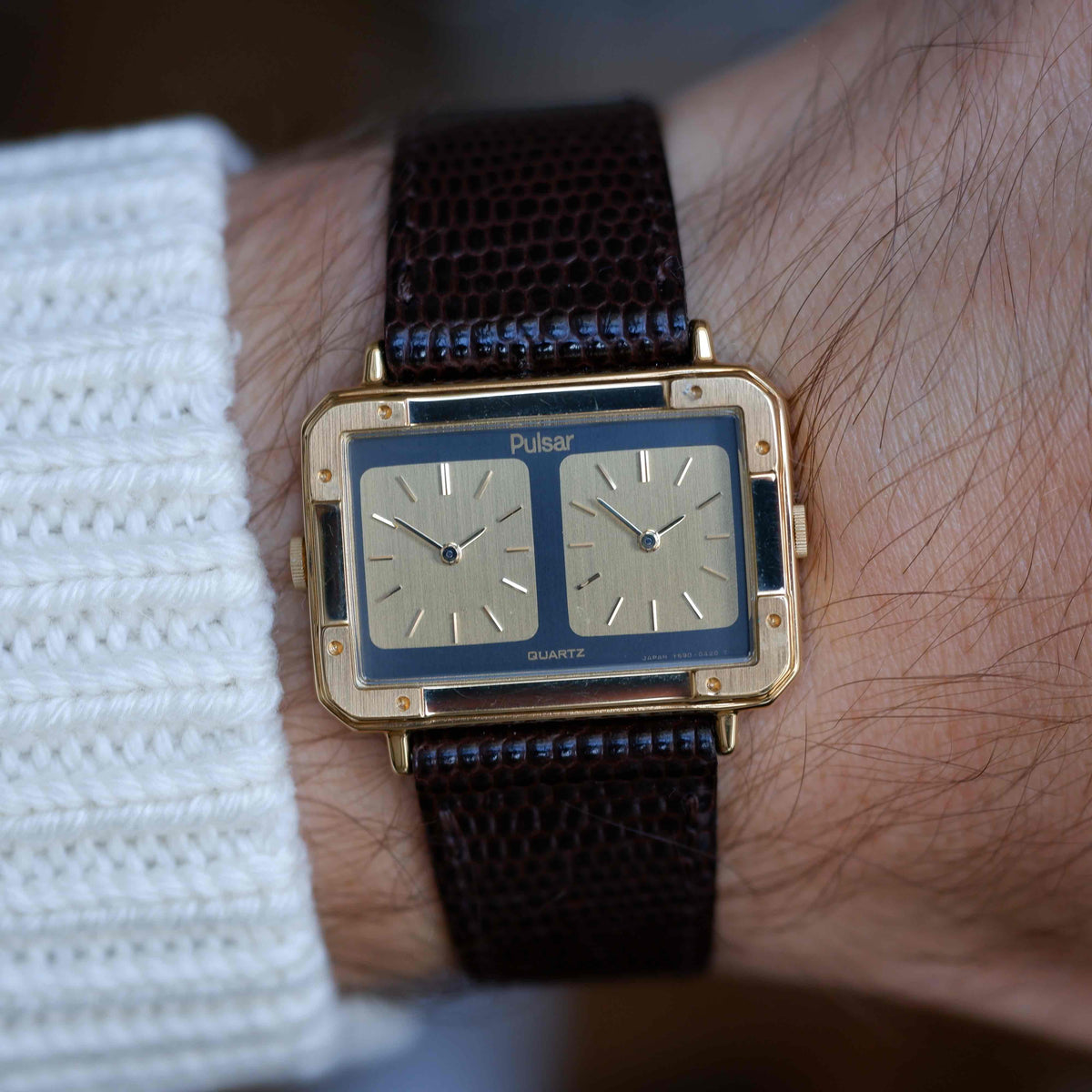 Vintage Pulsar Dual Time Twin Dial 80s Gold Watch – NOS with Box