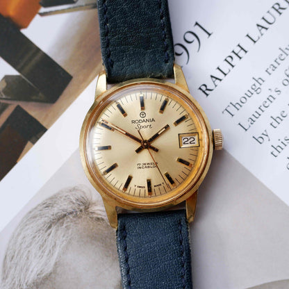 Vintage Rodania Sport Watch 60s Mechanical Golden Sunburst Dial