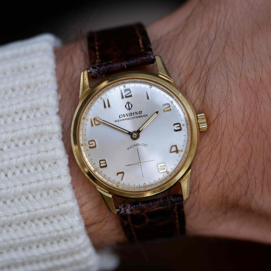Vintage Candino Incabloc 70s Gold Mechanical Silver Sunburst Dial