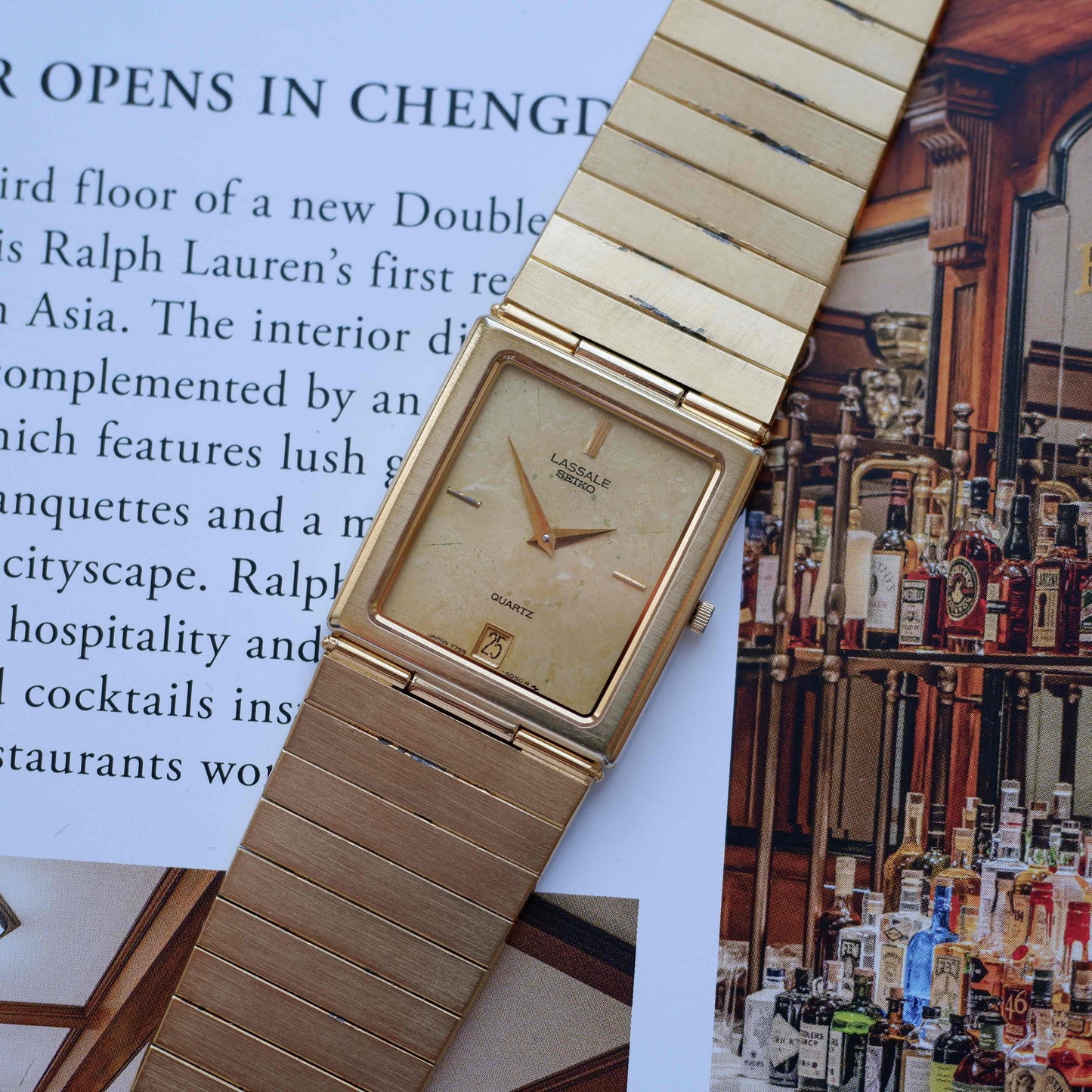 Vintage Seiko Lassale Tank 80s Gold Ivory Dial Integrated Bracelet